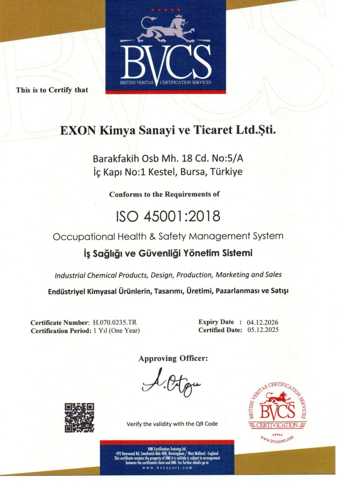 ISO 45001:2018 belgesi